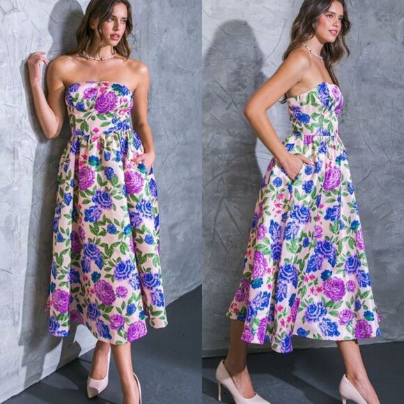 Strapless floral print midi dress with pockets NWT - Picture 1 of 2